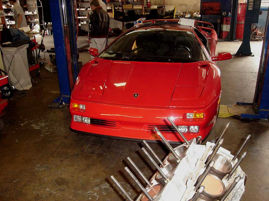 The motor in progress with a twin-turbo Lambo Diablo, one of seven, done by Greg Armstrong